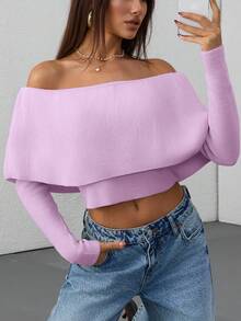 EURMUSE Casual Off Shoulder Bardot Ruffle Neckline Long Sleeve Sweater - Baby Pink - View 1