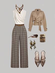 SHEIN MOD 女式褶皱拼布格子阔腿无袖优雅连体裤 - 彩色 - 查看 3