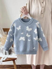 SHEIN 少女厚羊毛混纺针织毛衣，圆领长袖，蝴蝶提花图案，温暖柔软，适合万圣节、圣诞节、秋冬季 - 藍色 - 查看 3