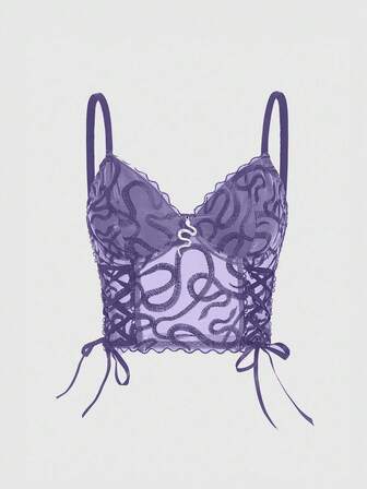 Goth Canotta da donna in pizzo trasparente ricamata a motivo serpente, con allacciatura e aperture