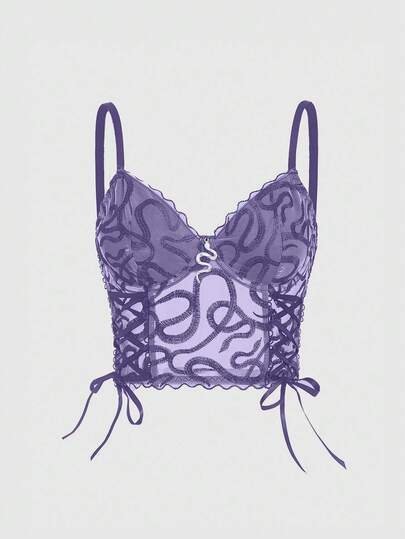 Goth Sexy Snake Embroidered Lace Up Transparent Hollow Out Lace Camisole For Women