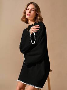 EURMUSE Pullover Bege Long Sweater With Hem And Sleeve Detail+320 - Black - View 4