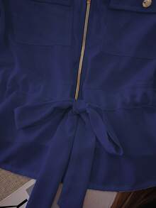 Franclia Damen V-Ausschnitt Reißverschluss Kordelzug Lässig Kurzarm Bluse - Königsblau - Übersicht 5