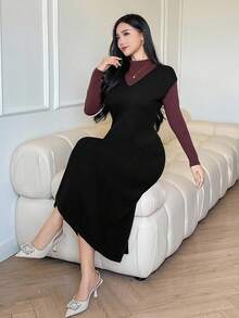 DAZY Women's Elegant V-Neck Solid Color Knitted Dress, High-End, Autumn/Winter Sweater Dress - Black - View 8