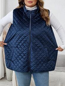 SHEIN CURVE+ Velvet Quilted Vest Thickened Jacket Navy Blue In Fall/Winter - Navy Blue - View 8