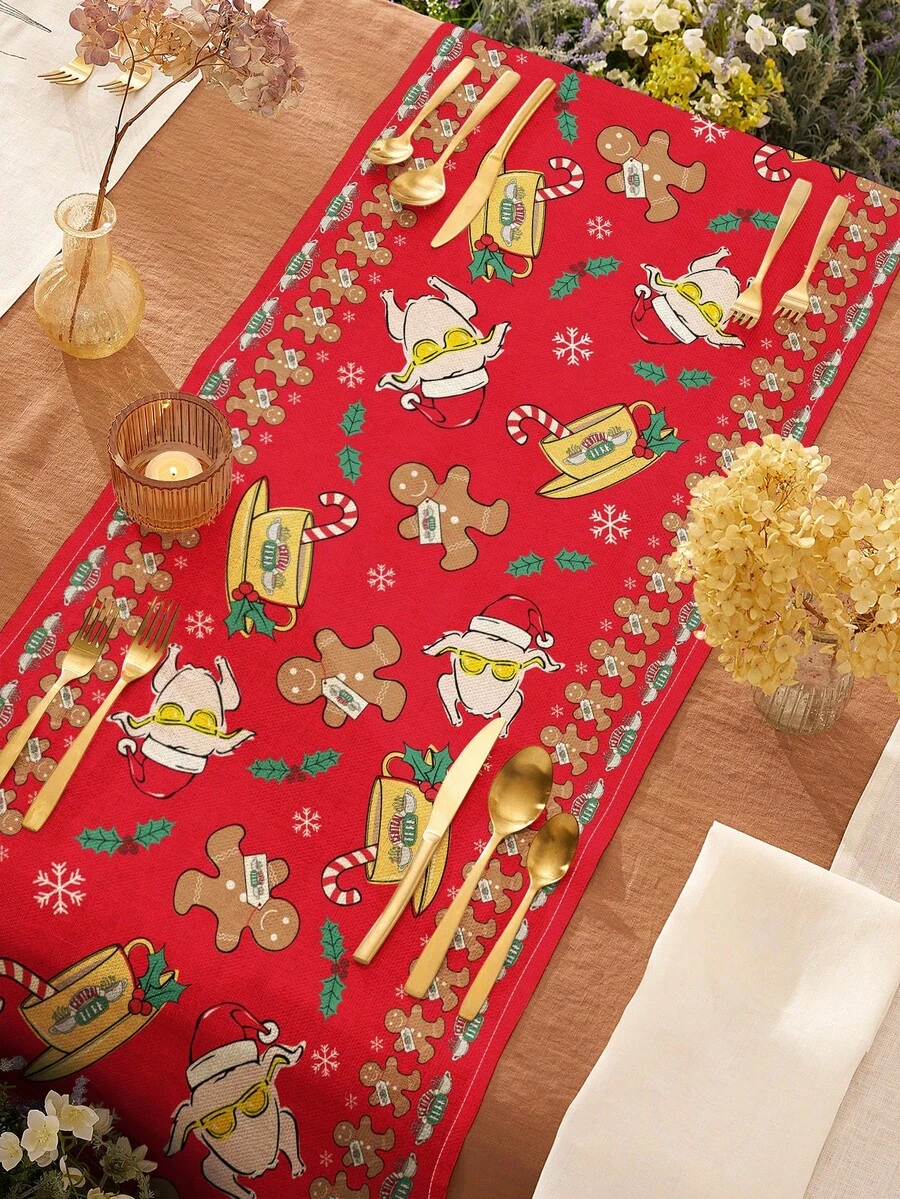 FRIENDS X SHEIN 1 pieza Camino de mesa impreso antideslizante y grueso, con diseños de Turquía, café y hombre de jengibre para fiestas, se ajusta a diferentes longitudes de mesa de 90/160/183/200cm