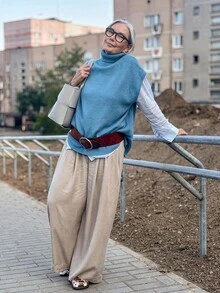 Livesso 女式无袖宽松高领针织背心 - 藍色 - 查看 5