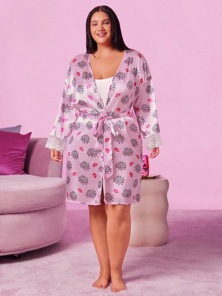 Mean Girls | SHEIN Bata elegante de talla grande con contraste de encaje, estampado de letras y labios, con cinturón, para otoño, atuendo acogedor - Rosa - Ver 1