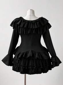 Sunspun Áo cánh tay dài viền bất đối xứng xếp nếp màu đen cỡ lớn dành cho nữ - màu đen - Xem 3