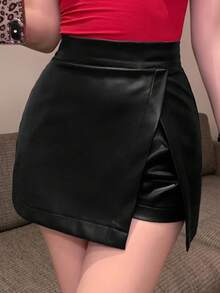 DAZY 女士纯色侧开衩短裤，四季皮短裤 - 黑色 - 查看 4