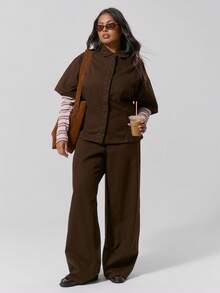 MUSERA قميص جينز بأكمام قصيرة وتفاصيل لوحة الخياطة مع إغلاق بأزرار، مناسب للشتاء والعودة إلى المدرسة والمظهر الجميل والاستخدام اليومي والكاجوال، مقاس كبير - بني - مشاهدة 5