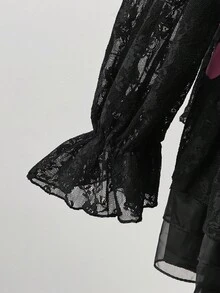 Sweetra 大码波尔卡圆点蕾丝拼布长袖衬衫 - 黑色 - 查看 4