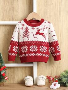 SHEIN 男婴/女婴休闲可爱雪花驯鹿圣诞铃铛圣诞树提花图案套头衫，适合秋冬季、居家、郊游、圣诞派对、丑陋的圣诞毛衣、家庭装、妈妈和我（3 件单独出售） - 紅色 - 查看 4