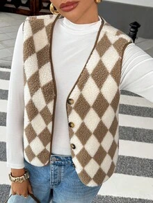 Chiquease Women's Diamond Pattern Furry Open Front Button Sleeveless Jacket - Khaki - View 1