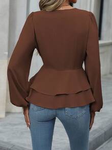 EMERY ROSE Áo sơ mi nữ tay dài cổ chữ V màu trơn tối giản, vừa vặn thoải mái - Cà phê nâu - Xem 2