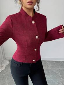 SHEIN Elenzya 优雅女士立领夹克，收腰，单排扣，精致粗花呢设计 - 紅色 - 查看 6