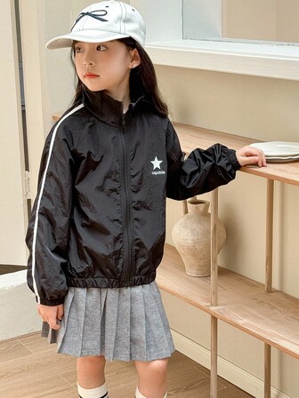 Genkimix Kids Tween Girls Korean Style Black Windbreaker Jacket With White Ribbon Patchwork And Star English Letter Print, Sporty And Energetic