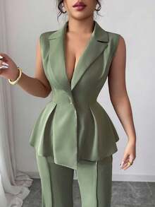Elenzga Plus Size Sleeveless Blazer Collar Waist Cinched Elegant Romantic Women Suit Set Winter Fall Autumn