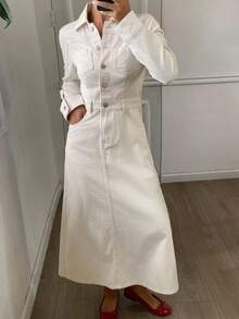 DAZY Váy denim túi trơn màu thường ngày cho nữ, mùa thu - Màu be - Xem 1