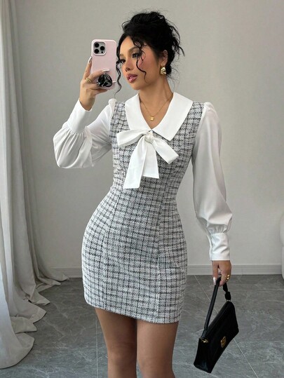 Elenzga 撞色拼布蝴蝶结二合一优雅浪漫女士连衣裙
