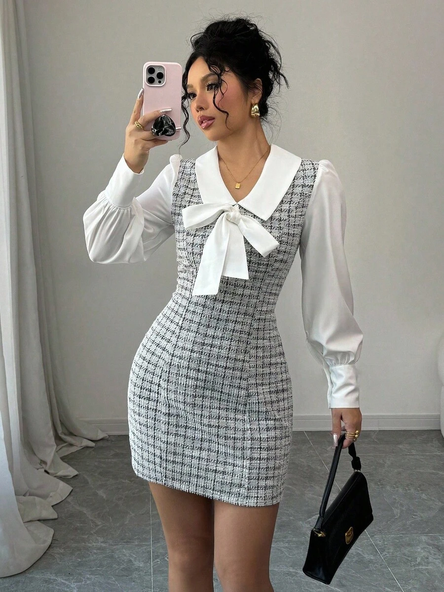 撞色拼布蝴蝶结二合一优雅浪漫女士连衣裙 - 黑與白 - 查看 1
