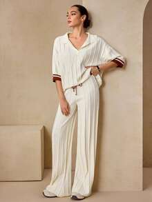 Modelyn 女式 Polo 领短袖针织毛衣和阔腿裤两件套，休闲宽松，时尚百搭针织装 - 杏色 - 查看 1