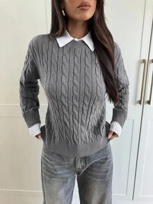 Aloruh Women's Autumn/Winter New Arrival College Style Cable Gray Twist Knit Loose Fit Crew Neck Sweater,Fall - Dark Grey - View 6