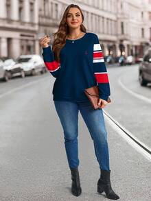 EMERY ROSE Sweat-shirt-shirt décontracté pour grandes tailles pour femmes, style collégial à rayures rouges et bleues, ambiance bohème et campagnarde pour les vacances, pour l'automne/l'hiver