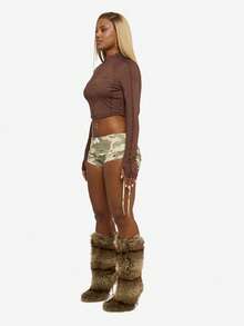 SUMWON WOMEN High Waist Ruched Drawstring Booty Shorts Festival Club Party Rave Bottoms Western Style Leg Warmers Furry Winter Evening Wear - Multicolor - View 5