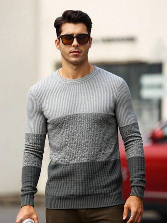 Men Color Block Crew Neck Good Quality Long Sleeve Rib Knit Regular Sweater Gift For Boyfriend