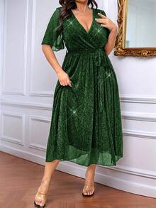 SHEIN Clasi Đầm dài dự tiệc tay chuông bất đối xứng họa tiết ren xẻ sâu Celure cỡ lớn dành cho nữ - màu xanh lá - Xem 3