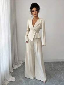 Elenzga Elegante set con blusa a maniche lunghe e scollo a V, vita stretta in modo unico con orlo asimmetrico, abbinata a pantaloni ampi a gamba larga. Un set elegante e professionale, adatto per le celebrazioni del Ringraziamento e di Ognissanti. Adatto per occasioni casual da ufficio. - Albicocca - Visualizzare 5