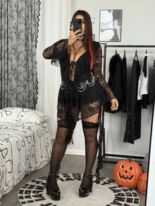 Whyspr Đầm ngắn Halloween cổ chữ V thắt nơ ren viền bèo nhún cỡ lớn cho nữ, viền bất đối xứng, tay loe, khoét sâu, thanh lịch, cổ điển, gợi cảm, dễ thương, thường ngày, phong cách Punk Goth, vải mùa thu cho nữ - màu đen - Xem 6