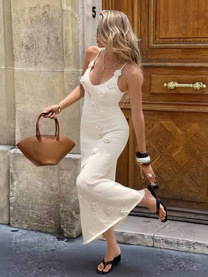 SHEIN Frenchy Váy len hở lưng họa tiết hoa 3D cho kỳ nghỉ hè