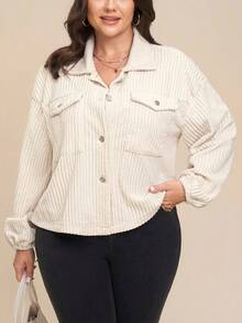 Comfylo 大码女式秋冬杏色灯芯绒长袖翻领外套 大码女式秋冬外套 万圣节服装外套 - 杏色 - 查看 4