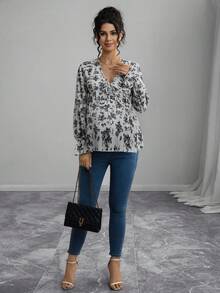 Momance Maternity Casual Ditsy Floral Shirt, Autumn - Black and White - View 3