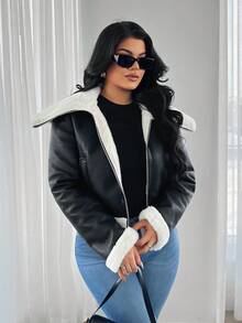 SHEIN SXY 女士复古摩托车皮夹克，短款，仿保暖内衬，加厚保暖毛领，搭配长靴，时尚百搭，适合女性，短款皮夹克，冬季女装，90年代风格，女士冬季 - 黑色 - 查看 6