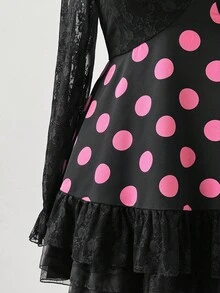 Sweetra 大码波尔卡圆点蕾丝拼布长袖衬衫 - 黑色 - 查看 3