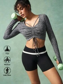 VARSIVA Áo ba lỗ thể thao dài tay nhún bèo vai trơn màu cho nữ - Xám - Xem 12