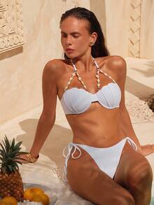 SHEIN Swim Chicsea Conjunto de bikini de unicolor para mujer de verano, bikini blanco de dos piezas con sujetador push-up - Blanco - Ver 6