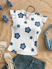 Soleia Áo thun nữ cổ tròn tay bồng in hoa, áo kiểu nữ thường ngày, áo tay bồng, áo đi chơi, áo tay ngắn dễ thương. - Xanh và trắng - Xem 3