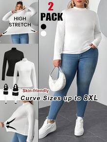 SHEIN CURVE+ 大码女款两件套高领紧身长袖打底T恤套装适合秋冬季节。黑白T恤两件套 - 黑與白 - 查看 9