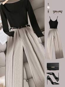 GlowEve 女士休闲通勤条纹阔腿裤 - 卡其色 - 查看 6