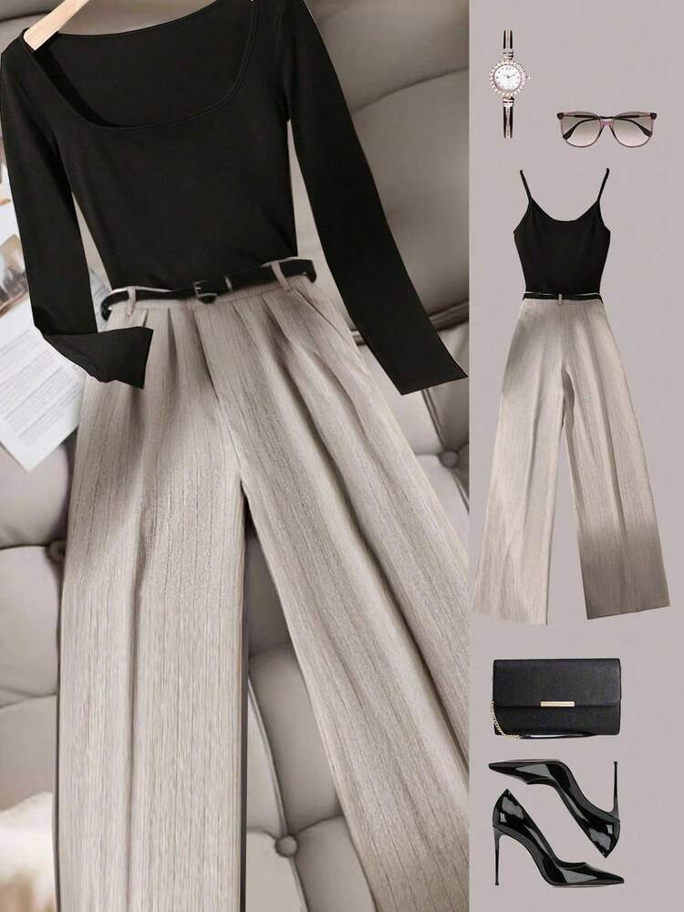 GlowEve 女士休闲通勤条纹阔腿裤 - 卡其色 - 查看 6