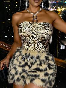 Slaydiva Women's Two Pieces Set,Beige,Autumn,70s,Night Out,Party,Leopard Zebra Print Glossy Knitted Crop Top & Brown Plush Mini Body-Hugging Skirt - Multicolor - View 3