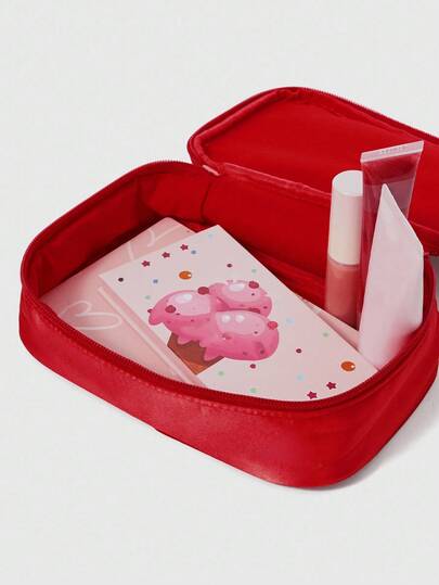 Kawaii Sac cosmétique en tissu satin avec nœud mignon brodé