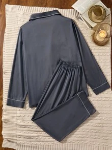 EverLounge 男士缎面长袖衬衫长裤睡衣套装（2件套），真丝睡衣，灰色睡衣，冬季服装 - 灰色 - 查看 2