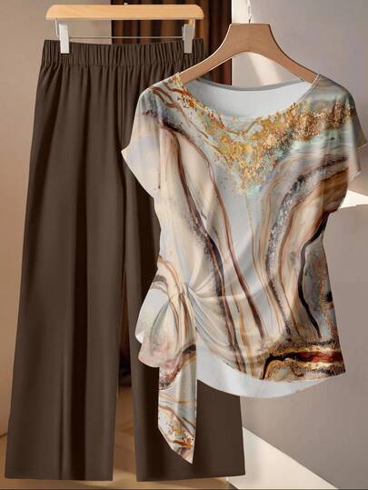 EMERY ROSE 优雅大理石纹印花上衣和裤子两件套，适合派对，加大码，秋季