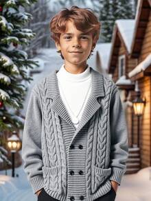 SHEIN 1-Pack Tween Boy Casual Sports College Thick Double-Breasted Gray Cardigan Sweater With Twisted Pattern Decoration, Suitable For Kids Outfits Toddler Boy Clothes Back To School Boys Set Suitable For Birthday Parties, Evening Parties, Performances, Opening Ceremonies Daily Suitable For Daily Use Suitable For School Suitable For Suitable For Sports Suitable For Autumn And Winter - Grey - View 6