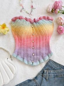 Soleia 渐变色荷叶边针织露肩短款上衣，舒适度假/音乐节/波西米亚/节日风格，适合约会，情人节下午茶 - 彩色 - 查看 3